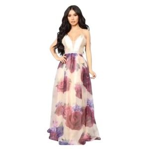 Floral Organza Maxi Dress Rhinestone Waist Purple Burgundy Rose M Prom HOCO